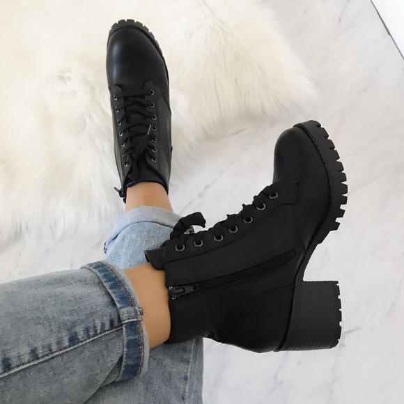 heeled combat boots black
